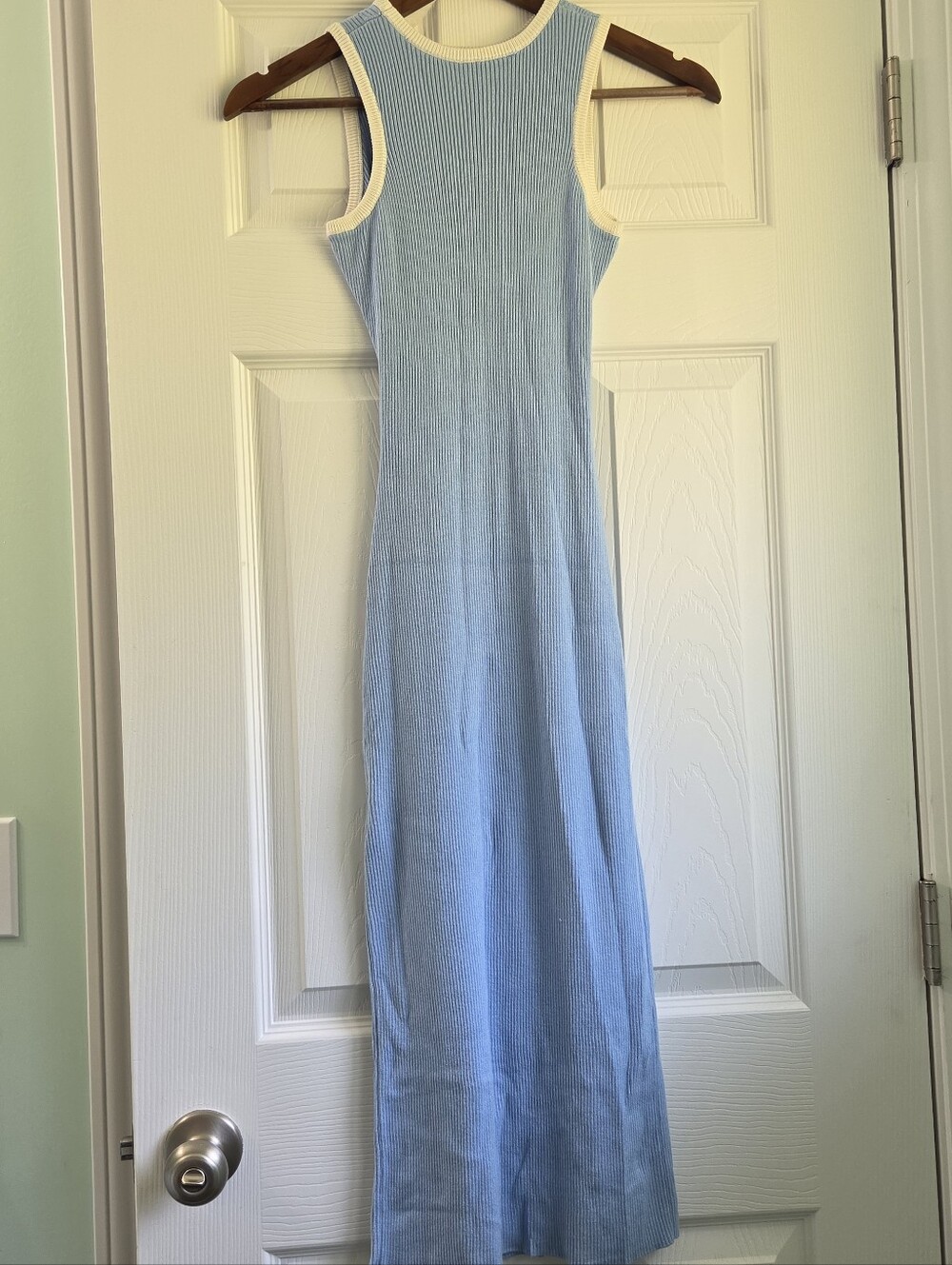 Pastel Blue Ribbed Knit Open Back Cutout Sleeveless Slit Midi Dress Size S